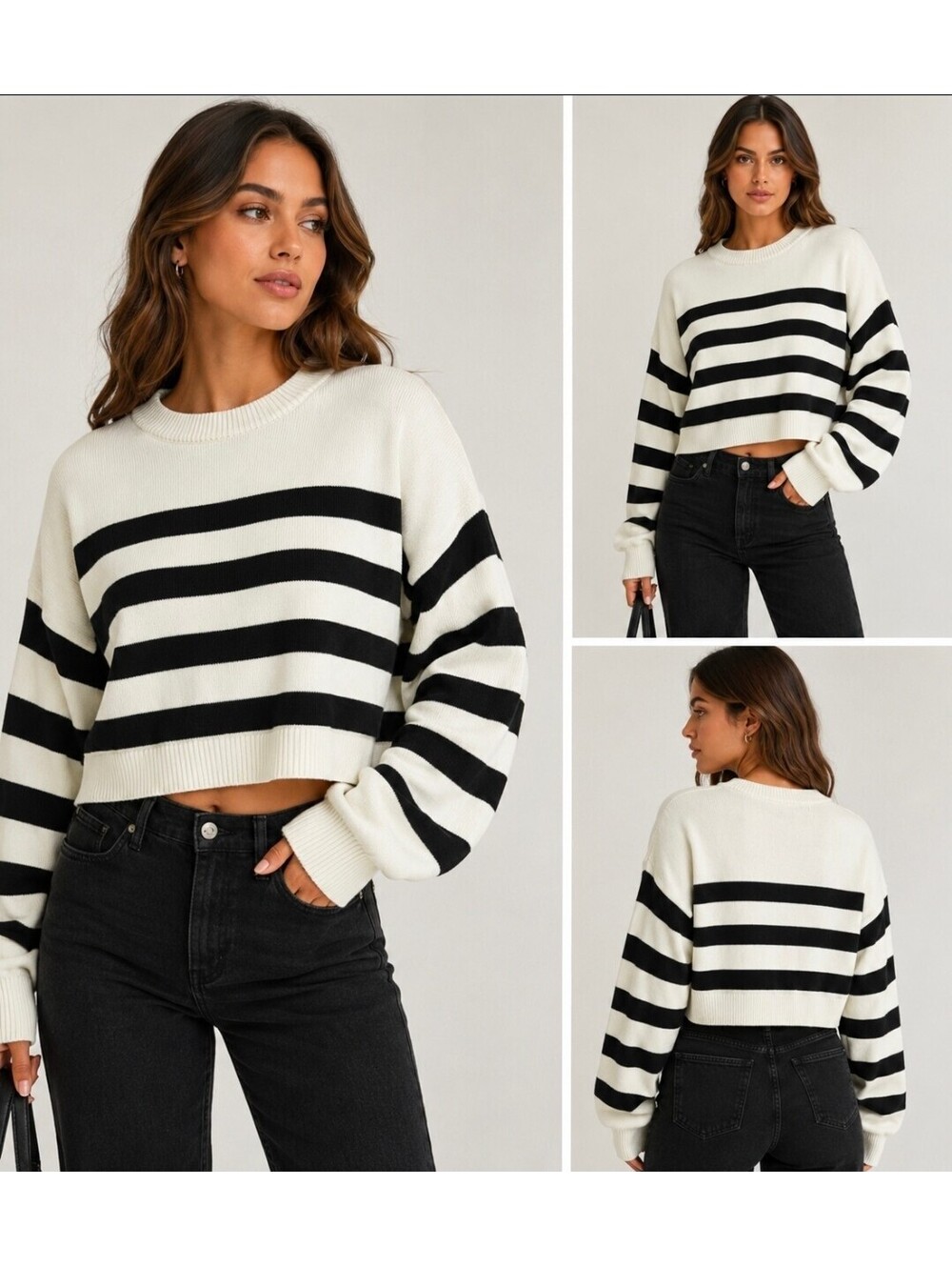 Garage Women’s P/S Black Ivory Striped Cropped Knit Sweater Oversized Sleeve